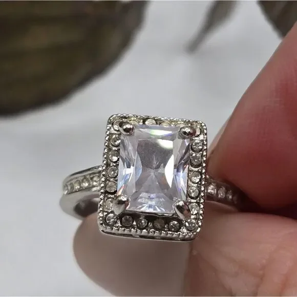 "5/$25" Silvertone CZ Pave Halo Square Solitaire Cocktail Ring Sz 6.25 - Picture 3 of 7